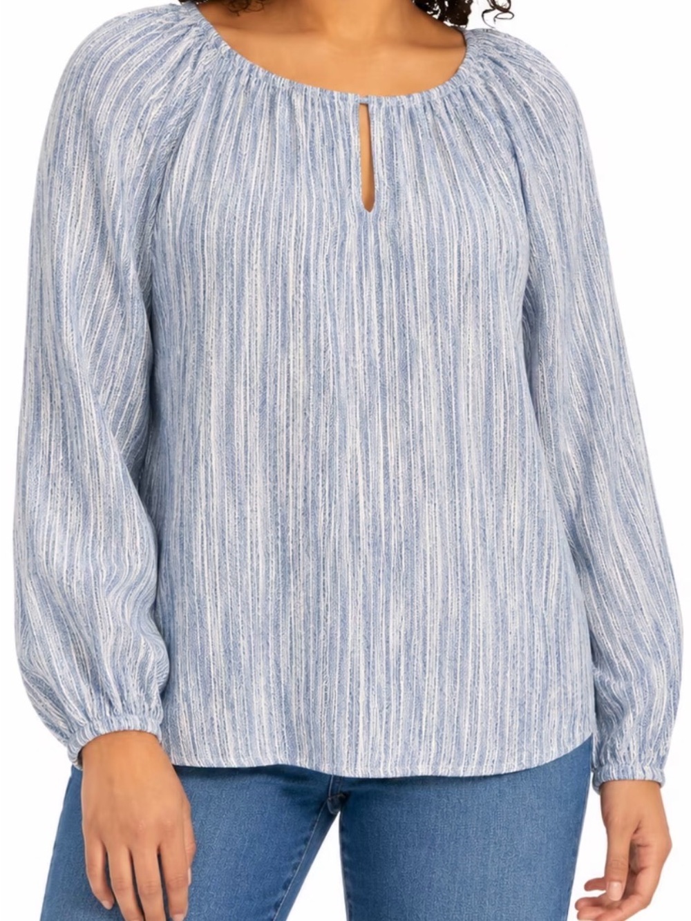 Boston Traders Light Blue Striped Keyhole Peasant Blouse Womens Large